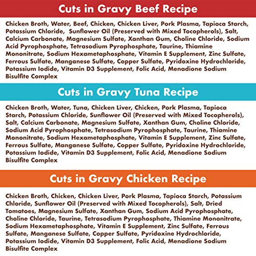 NUTRO Grain Free Natural Wet Cat Food Cuts in Gravy Beef Recipe, Tuna Recipe, and Chicken Recipe Variety Pack, (24) 2.64 oz. PERFECT PORTIONS Twin-Pack Trays