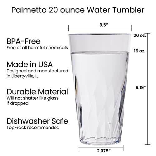 US Acrylic Palmetto 20 ounce Plastic Stackable Water Tumblers in Clear | Lightweight Value Set of 16 Drinking Cups | Reusable, BPA-free, Made in the USA, Top-rack Dishwasher Safe