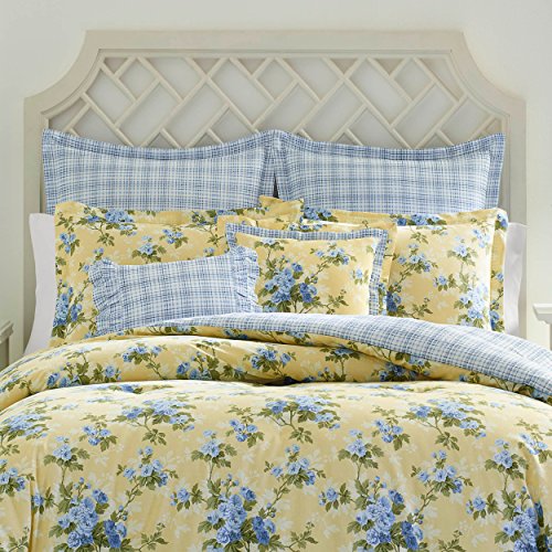 Laura Ashley - Queen Comforter Set, Cotton Reversible Bedding, Includes Matching Shams with Bonus Euro Shams & Throw Pillows (Cassidy Yellow, Queen)