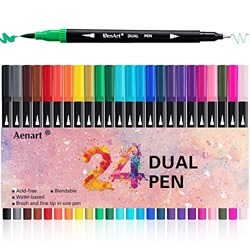 Dual Brush Markers for Adult Coloring Books, 24 Colored Journal Planner Pens Fine Point Marker for Art School Office Supplies Bullet Journaling Note Taking Drawing