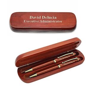executive gift shoppe | personalized cherrywood double pen set | 2 twist open ballpoint pens | polished gold tips, barrels, clips | free engraving | perfect business gift | cherrywood presentation box