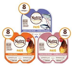 NUTRO Grain Free Natural Adult Wet Cat Food Paté, Chicken Recipe, Salmon & Tuna Recipe, and Chicken & Liver Recipe Variety Pack, 2.64 oz. PERFECT PORTIONS Twin-Pack Trays, 48 Count