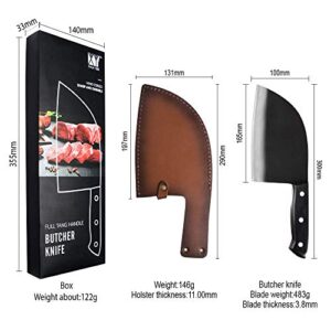 XYJ Kitchen Knife Camping Knife Full Tang Butcher Knife 3cr13 Stainless Steel Serbian Chef Knife Meat Vegetable Knives Leather Sheath with Belt Loop Easy Carry