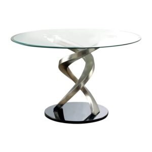 bowery hill 48" round glass top modern pedestal base dining table in chrome satin