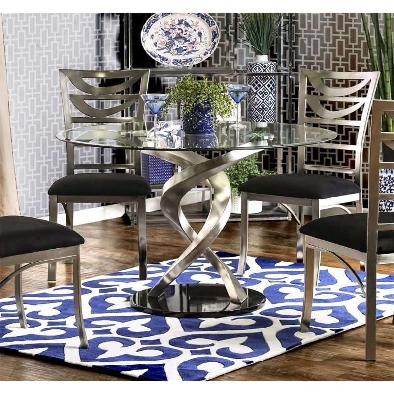 BOWERY HILL 48" Round Glass Top Modern Pedestal Base Dining Table in Chrome Satin