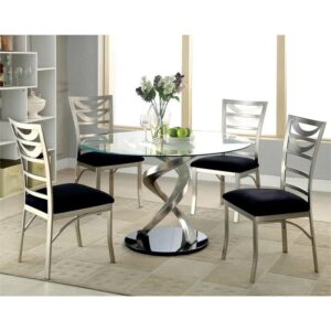 BOWERY HILL 48" Round Glass Top Modern Pedestal Base Dining Table in Chrome Satin