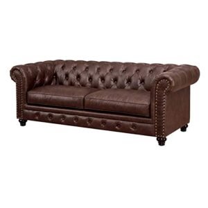 bowery hill traditional faux leather upholstered tufted sofa in brown