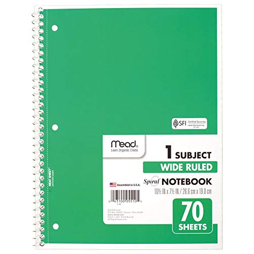 Mead Spiral Notebook, 1 Subject, Wide Ruled Paper, 70 Sheets, 10-1/2" x 8", Green (05510AC5)