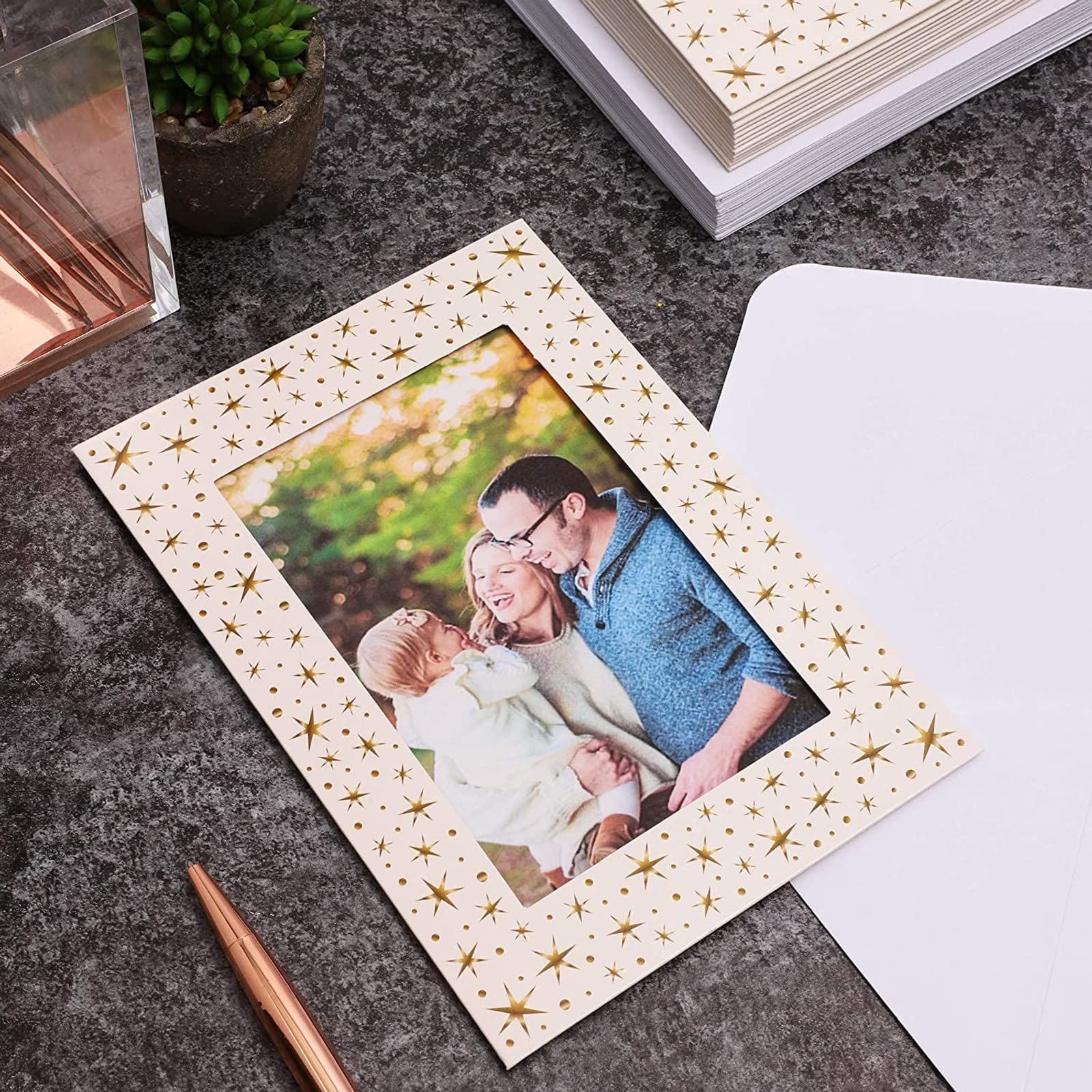 36 Pack Photo Insert Greeting Cards with Envelopes Included, Gold Stars Border, 5 x 7 In Photos, Durable Paper Picture Frames for Birthdays, Anniversaries, Weddings