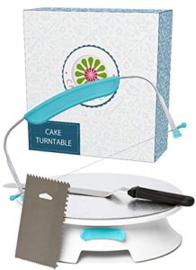 foreversmooth cake turntable stand- sturdiest rotating cake leveler & slicer. decorating supplies kit w/offset spatula set, icing bench scraper, cake boards. 12 inch white spinner baking accessories