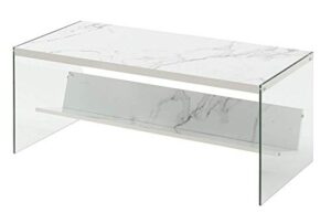 convenience concepts soho glass coffee table with shelf, white faux marble/glass