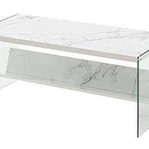 Convenience Concepts SoHo Glass Coffee Table with Shelf, White Faux Marble/Glass