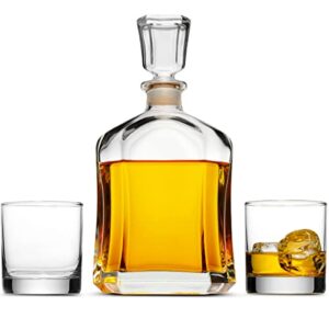 whiskey decanter set with whiskey glasses and airtight stopper for vodka, bourbon, brandy. italian glass | 23.75oz with 2 pack 11oz glasses, made in italy
