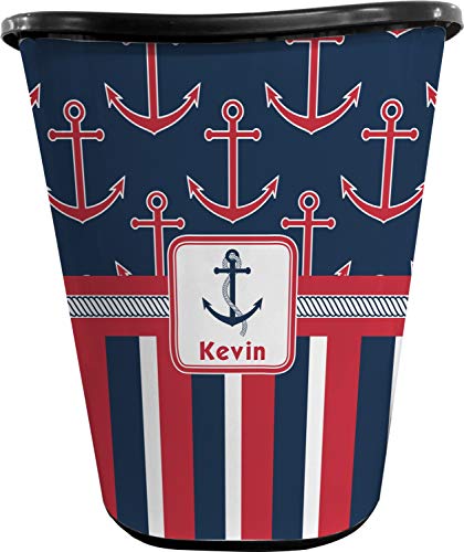 RNK Shops Nautical Anchors & Stripes Waste Basket - Double Sided (Black) (Personalized)