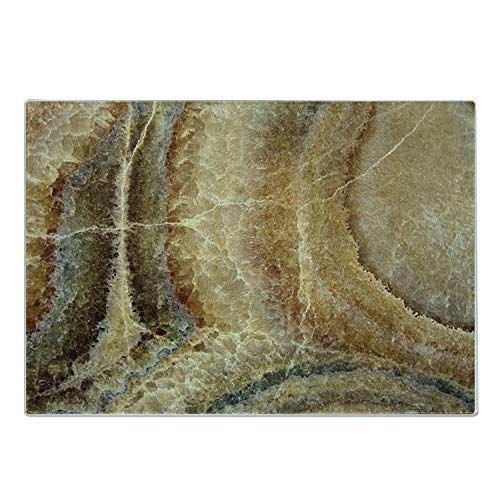 Lunarable Marble Cutting Board, Onyx Stone Surface Pattern Banded Variety Layered Differing Lines Image, Decorative Tempered Glass Cutting and Serving Board, Small Size, Sand Brown Cinnamon