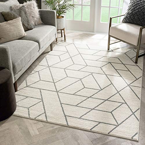 Well Woven Plaza Geometric Ivory Modern Lines Angles Tiles Shapes Area Rug 5x7 (5'3" x 7'3") Carpet