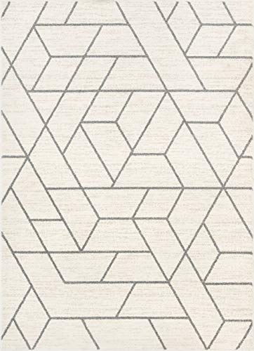 Well Woven Plaza Geometric Ivory Modern Lines Angles Tiles Shapes Area Rug 5x7 (5'3" x 7'3") Carpet
