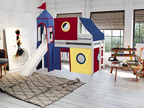 JACKPOT! Castle Low Loft Bed with Slide Red & Blue Tent and Tower, Loft Bed, Twin, White
