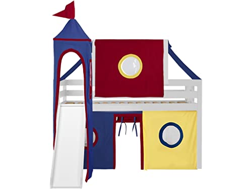 JACKPOT! Castle Low Loft Bed with Slide Red & Blue Tent and Tower, Loft Bed, Twin, White