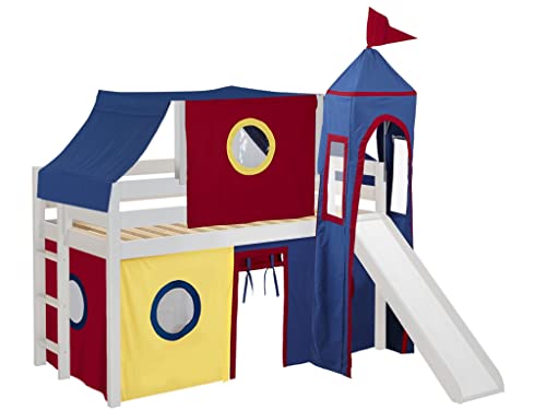 JACKPOT! Castle Low Loft Bed with Slide Red & Blue Tent and Tower, Loft Bed, Twin, White