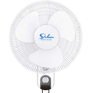 simple deluxe digital household wall mount fans 16 inch adjustable tilt, 90 degree, 3 speed settings, basic, white