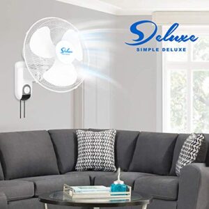 Simple Deluxe Digital Household Wall Mount Fans 16 Inch Adjustable Tilt, 90 Degree, 3 Speed Settings, Basic, White