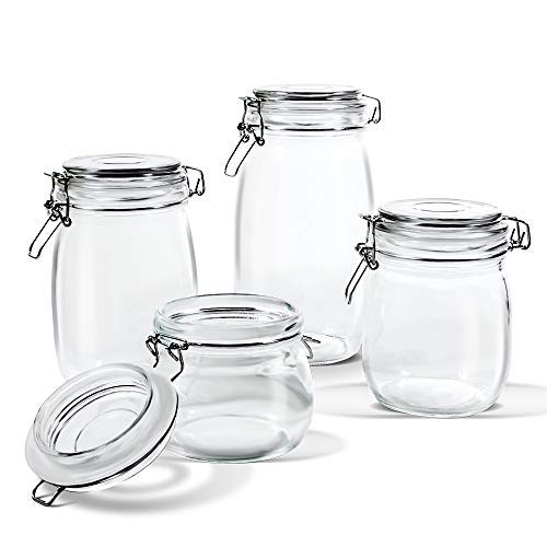 Masthome Glass Storage Jars Set of 4, Glass Food Container with Airtight Lid & Leak Proof Gasket, for Oats Canning Cereal Pasta Sugar Coffee Nuts Spices, 15 PCS Food Storage Bags Included