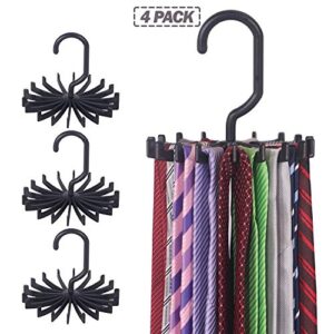 4 Pack Tie Rack Hanger Holder Hooks Organizer for Mens, 360 Degree Rotating Tie Racks, Black