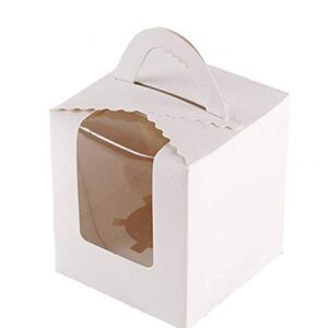 50 Pcs Single White Cupcakes Containers Gift Boxes with Window Inserts Handle for Wedding Candy Boxes