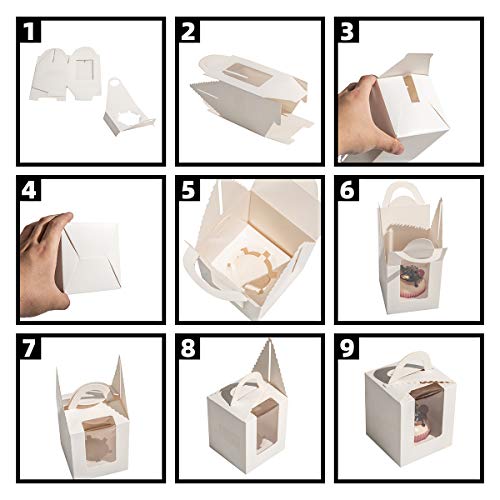 50 Pcs Single White Cupcakes Containers Gift Boxes with Window Inserts Handle for Wedding Candy Boxes