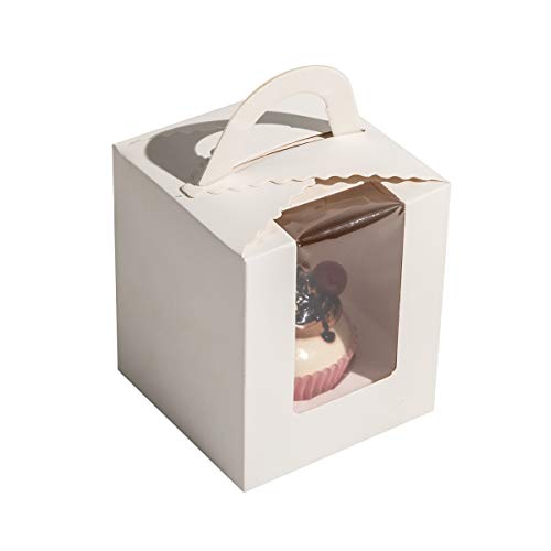 50 Pcs Single White Cupcakes Containers Gift Boxes with Window Inserts Handle for Wedding Candy Boxes