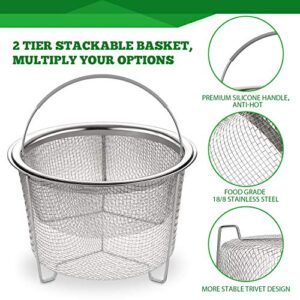 AOZITA Steamer Basket for Instant Pot Accessories 6 qt or 8 quart - 2 Tier Stackable 18/8 Stainless Steel Mesh Strainer Basket - Silicone Handle - Vegetable Steamer Insert, Egg Basket, Pasta Strainer