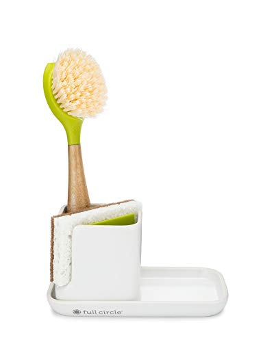 Full Circle Kitchen Sink Set - Ceramic Organizer with Be Good Dish Brush and In a Nutshell Scrubbing Sponges, Green