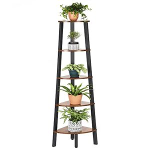 VASAGLE Industrial Bookcase, 5-Tier Corner Shelf, Plant Stand Wood Look Accent Furniture with Metal Frame for Home and Office ULLS35X, 12.8 x 13.4 x 62.6 Inches, Rustic Brown