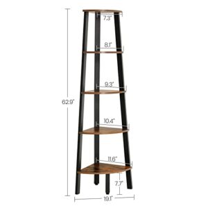 VASAGLE Industrial Bookcase, 5-Tier Corner Shelf, Plant Stand Wood Look Accent Furniture with Metal Frame for Home and Office ULLS35X, 12.8 x 13.4 x 62.6 Inches, Rustic Brown