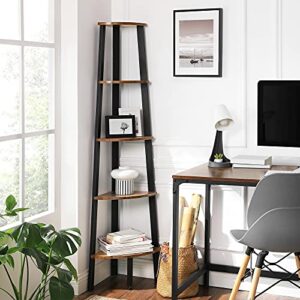 VASAGLE Industrial Bookcase, 5-Tier Corner Shelf, Plant Stand Wood Look Accent Furniture with Metal Frame for Home and Office ULLS35X, 12.8 x 13.4 x 62.6 Inches, Rustic Brown