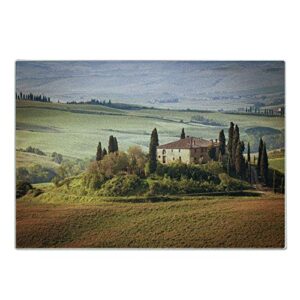 lunarable tuscan cutting board, tuscany seen from stone village of montepulciano italy in cloudy day, decorative tempered glass cutting and serving board, small size, brown green