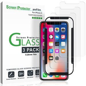 amfilm (3-pack) iphone xs/x screen protector, 0.26mm 9h tempered glass screen protector with easy installation tray for apple iphone 10.
