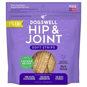 dogswell hip & joint dog treats 100% meaty, grain free, glucosamine chondroitin & omega 3, chicken soft strips 20 oz