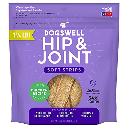 DOGSWELL Hip & Joint Dog Treats 100% Meaty, Grain Free, Glucosamine Chondroitin & Omega 3, Chicken Soft Strips 20 oz