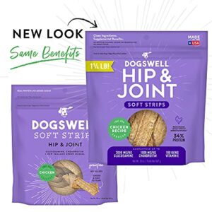 DOGSWELL Hip & Joint Dog Treats 100% Meaty, Grain Free, Glucosamine Chondroitin & Omega 3, Chicken Soft Strips 20 oz