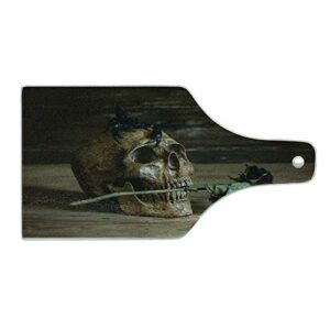 lunarable gothic cutting board, still life skull and rose periods a scorpion on the head skeleton horror themed art, decorative tempered glass cutting and serving board, wine bottle shape, green brown
