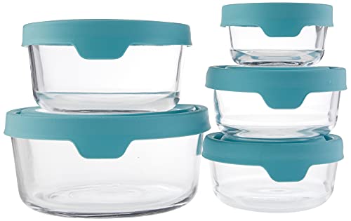 Anchor Hocking TrueSeal Glass Food Storage Containers with Airtight Lids, Set of 10,Mineral Blue