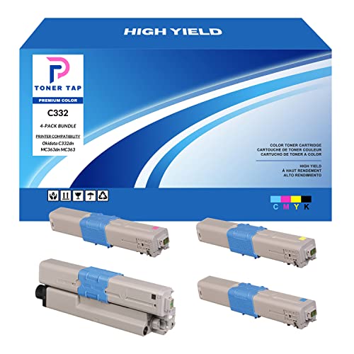 Toner Tap High Yield for Okidata C332dn MC363dn (4 Pack Bundle) 46508704 46508703 46508702 46508701 Replacement Compatible Cartridges