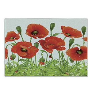 lunarable ladybugs cutting board, horizontal border with red poppy flower bud poppies chamomile wildflowers lawn, decorative tempered glass cutting and serving board, small size, green red