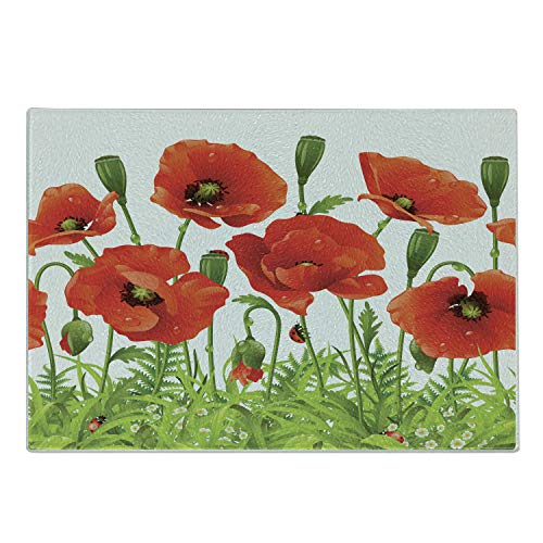 Lunarable Ladybugs Cutting Board, Horizontal Border with Red Poppy Flower Bud Poppies Chamomile Wildflowers Lawn, Decorative Tempered Glass Cutting and Serving Board, Small Size, Green Red