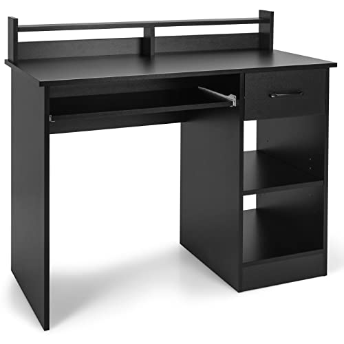 Tangkula Computer Desk with Drawer & Keyboard Tray, Modern Study Writing Desk with Desktop Hutch & Storage Shelves, Home Office Wooden PC Laptop Desk, Desk for Bedroom