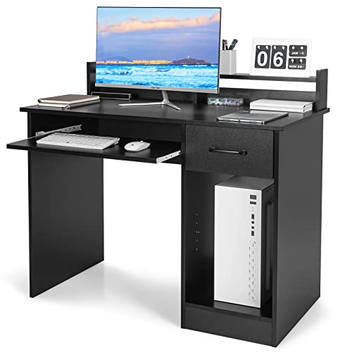 Tangkula Computer Desk with Drawer & Keyboard Tray, Modern Study Writing Desk with Desktop Hutch & Storage Shelves, Home Office Wooden PC Laptop Desk, Desk for Bedroom