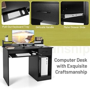 Tangkula Computer Desk with Drawer & Keyboard Tray, Modern Study Writing Desk with Desktop Hutch & Storage Shelves, Home Office Wooden PC Laptop Desk, Desk for Bedroom