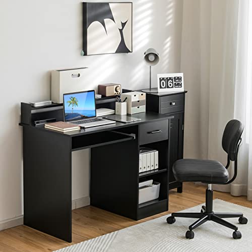 Tangkula Computer Desk with Drawer & Keyboard Tray, Modern Study Writing Desk with Desktop Hutch & Storage Shelves, Home Office Wooden PC Laptop Desk, Desk for Bedroom